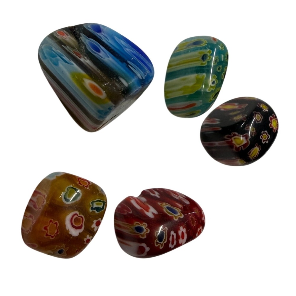 Vintage Murano Millefiori Glass Beads Set of 5 Italian Mosaic Floral Lampwork